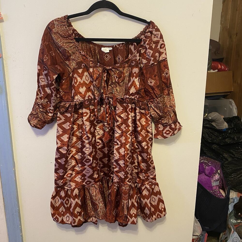Mini Smocked Dress S Hippie Indian Festival Bohemian 3/4 Sleeve Geo Silky Statin - Picture 7 of 10